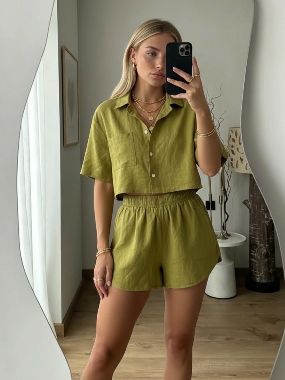Cotton Olive Green SHEIN Cropped Shirt and Shorts Set